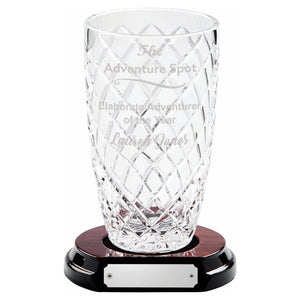"Thistlewood" 24% Lead Crystal Cut Glass Decanter on Wood Base. Supplied in Plain Box (includes engraving on glass and plate)