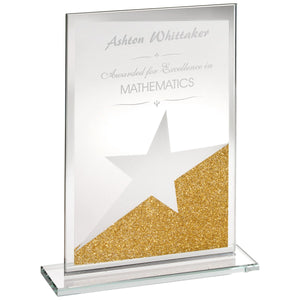 "Millom" Jade Glass Award with Silver Star and Gold Glitter Panel. Thickness 4mm. Supplied in Plain Box