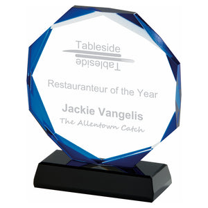 "Autumn" Clear Glass Award with Blue Halo. Thickness 15mm. Supplied in Presentation Case
