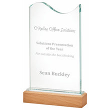 Load image into Gallery viewer, &quot;Azla&quot; Crystal Award with Wood Base. Thickness 15mm. Supplied in Presentation Case
