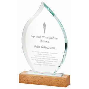 "Gideon" Crystal Flame Award with Wood Base. Thickness 15mm. Supplied in Presentation Case