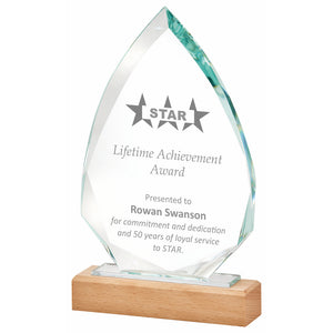 "Houston" Crystal Award with Wood Base. Thickness 15mm. Supplied in Presentation Case