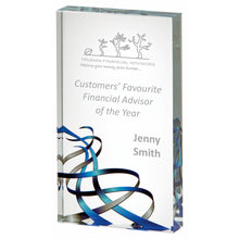 Load image into Gallery viewer, &quot;Genille&quot; Crystal Plaque with Coloured Ribbon Print. Thickness 20mm. Supplied in Presentation Case
