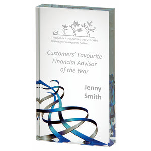 "Genille" Crystal Plaque with Coloured Ribbon Print. Thickness 20mm. Supplied in Presentation Case