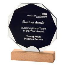 Load image into Gallery viewer, "Fender" Crystal Award with Black Background and Wood Base. Thickness 10mm. Supplied in Presentation Case
