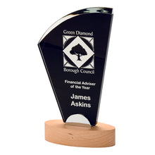 Load image into Gallery viewer, "Finard" Crystal Award with Black Background and Wood Base. Thickness 10mm. Supplied in Presentation Case
