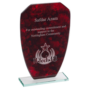 "Poynton" Jade Glass Award with Red Marble Background. Thickness 4mm. Supplied in Plain Box