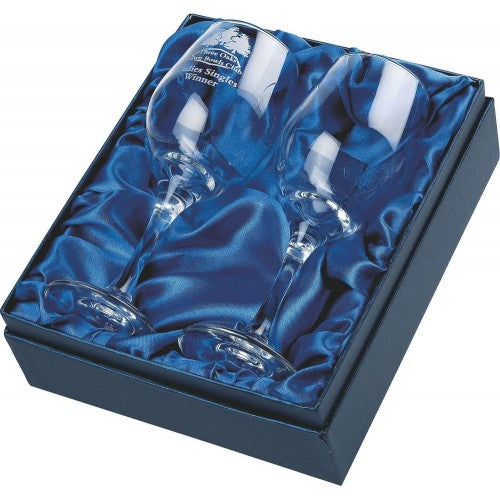 Two Wine Glasses Engraved on each. Supplied in Presentation Case.