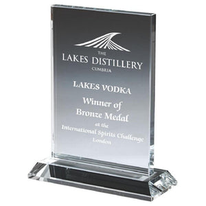 "Crown" Clear Glass Rectangle Award. Thickness 10mm. Supplied in Presentation Case.