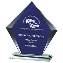 Load image into Gallery viewer, &quot;Lantana&quot; Blue Faced Clear Glass Award. Thickness 10mm. Supplied in Presentation Case.

