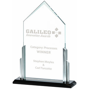 "Enigma" Clear Glass and Metal Award. Thickness 10mm. Supplied in Presentation Case.